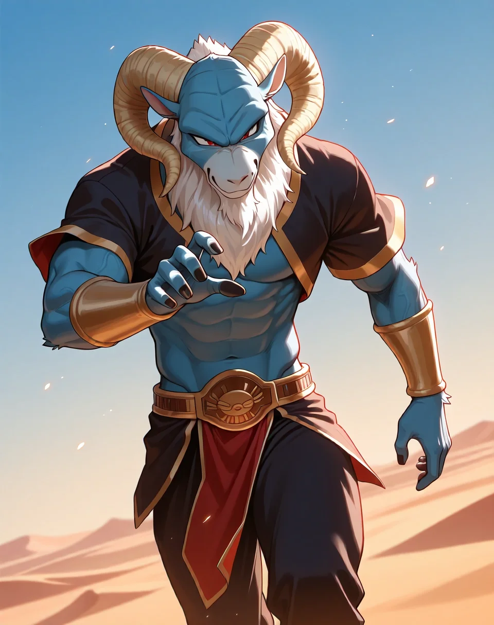 <lora:Moro_1st_Form_(Dragonball_Z)_(Illustrious)_(AD):1.3> Moro, muscular, goat,
dutch angle, exterior, desert, sky with detailed clouds,
male focus, gradient coloring, solo, cowboy shot, bent leg, perfect proportions, goat head, blue body, soft shading, evil smirk, old, aged up, frail, wrinkles, long white beard, thin waist,
BREAK very awe, aesthetically pleasing, masterpiece, best quality, amazing quality, very aesthetic, perfect depth of field shot, in'ei, furry_art, source_furry, source_anime,
EZRealPONYXL, zPDXL, Smooth Quality, lazympos, IllustQualXL_Pos,
