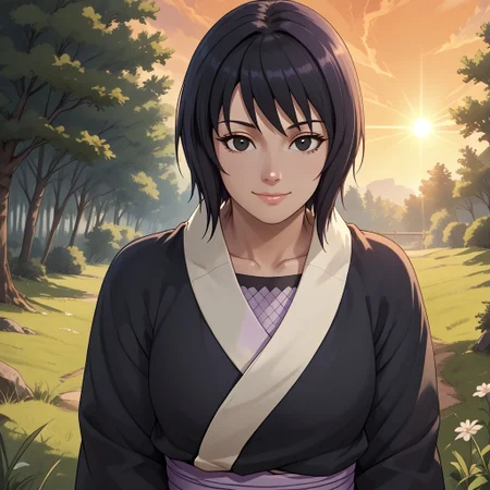 score_9, score_8, BREAK, score_9, score_8_up, score_7_up, score_6_up, score_5_up, score_4_up, Shizune, short hair, black hair, black eyes, black kimono, white trim, light purple obi, smile, collarbone, mesh shirt, sexy pose, self portrait, smile, outdoors, sunlight, shadows, evening lighting, natural lighting, forest, trees, grass, orange sky, sunset