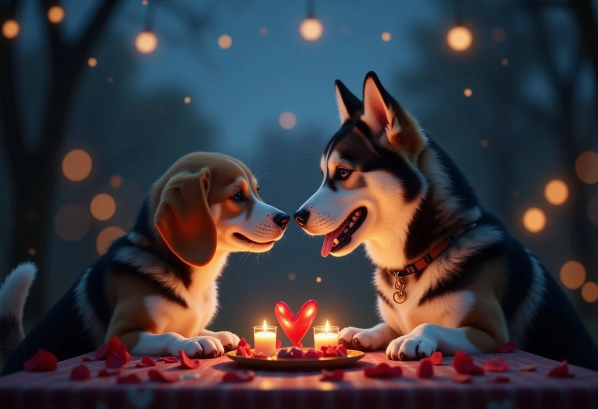 Two dogs, a beagle and a husky, enjoying a romantic dinner under the stars. Love is forming as they look at each other, longingly.