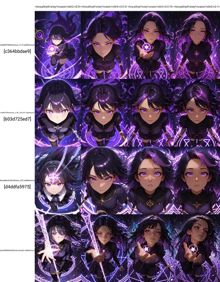 masterpiece, best quality, amazing quality, <lora:p0nyd1sney1ncasev1x0n2-v2:0>, p0nyd1sney1ncasev1x0n2, 1girl, 25 years old, perfect face,
purple eyes, foreshortening, from above,
multi-colored hair, black hair, purple hair, long hair, floating hair, detailed face, portrait, face focus, depth of field,
purple dress, black dress, layered sleeves, black thighhighs,
magic, casting spell, energy, magic circle, glowing, staff, holding staff, floating, floating object, glowing particles, aura, stars,âââ