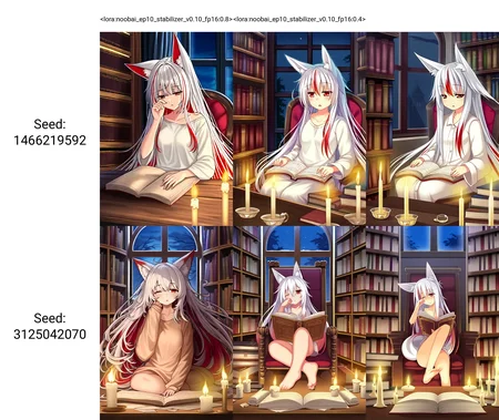 <lora:noobai_ep10_stabilizer_v0.10_fp16:0.8>1girl,fox ears,red eyes,white hair,multicolored hair,reading book,sitting in library,candle,window,at night,sleepy,
