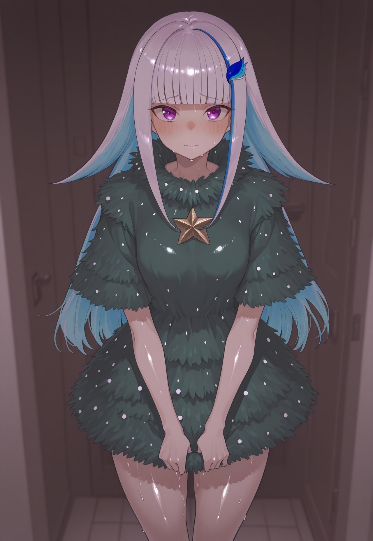 masterpiece, best quality, Z0nt4, (((1girl)), solo,

((virtual youtuber,lize helesta, long hair, blunt bangs, multicolored hair, blue hair, hair flaps, sidelocks, purple eyes, shiny skin, christmas tree costume, dress))

looking at viewer, standing, shy,

indoors, livingroom background, bright theme, night time,