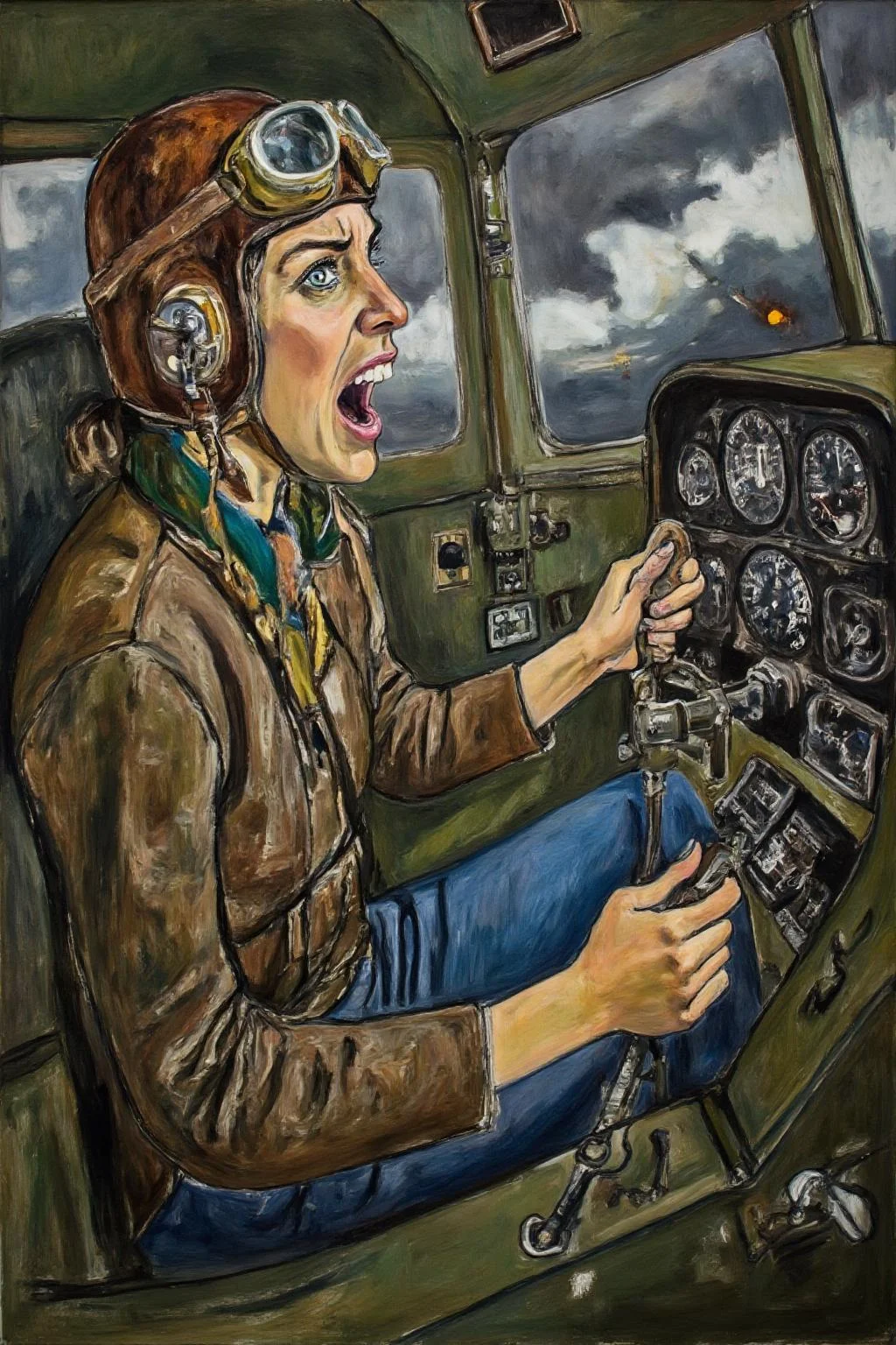 aliceneel2 painting.
A female pilot screaming inside the cockpit of a World War II bomber. The pilot, wearing a vintage leather flight helmet with goggles and a bomber jacket, grips the controls with white-knuckled hands. Her face is contorted in a mix of fear and determination as she yells, her eyes wide with adrenaline. The cockpit is cramped and filled with old-fashioned dials and gauges, with the outside view showing dark stormy clouds and distant anti-aircraft fire <lora:aliceneel2_d8a4:1.0><lora:866321579913526830:0>