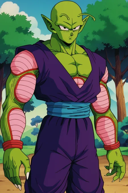 score_9, score_8_up, score_7_up, score_6_up, BREAK retro artstyle, piccolo, 1boy, green skin, pink patches, slug antennae, purple dougi, purple pants, blue sash, serious,black eyes, outdoors, nature,bald,pointy ears,abs,nails,sharp fingernails, <lora:PiccoloPonyV2:1>