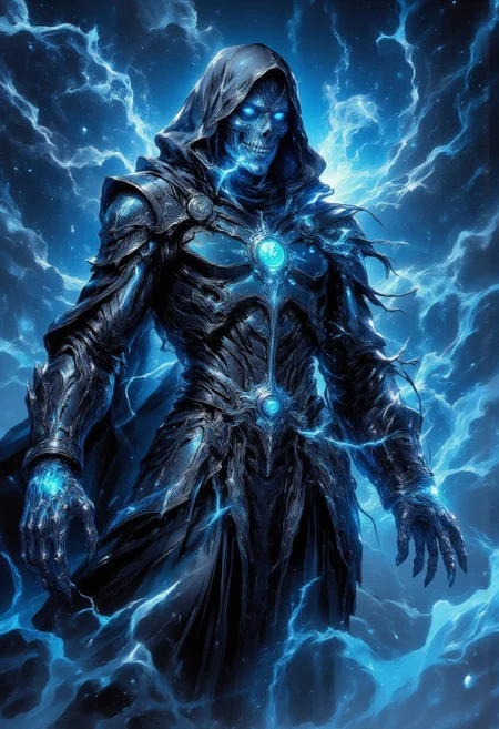 A spectral and eerie figure dominates the image, shrouded in an ethereal aura of icy blues and luminous light. This skeletal sorcerer exudes an otherworldly presence, its form wrapped in tattered robes that ripple and dissolve into mist as though consumed by an eternal frost. The armor beneath the decayed fabric glimmers with a metallic sheen, its surface adorned with intricate patterns of arcane design. The centerpiece is a glowing amulet embedded in the chest, radiating a cold, bluish energy that pulses outward, casting shifting light across the surrounding haze.  The empty eye sockets blaze with an intense, piercing light, as if harboring the icy flames of undeath. Strands of energy coil around its bony hands, hinting at the destructive magic it commands. Each bone is finely detailed, with cracks and engravings suggesting the weight of time and dark enchantments. The background is a swirling abyss of frosty winds and glowing particles, rendered in deep, celestial blues that evoke a void-like expanse. Wisps of light and frozen mist flow around the figure, amplifying its ghostly presence. The texture of the image is richly layered, blending sharp, defined edges on the armor and skull with painterly strokes in the robes and mist, giving it a surreal, dreamlike quality. The glowing effects, reminiscent of magical frost and shimmering stars, elevate the figure to one of spectral majesty and dread.