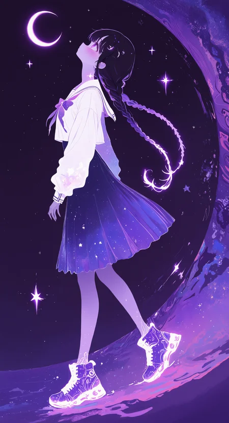 masterpiece, best quality, good quality, very awa, newest, highres, absurdres, 1girl, solo, long hair, blush, shirt, skirt, black hair, long sleeves, very long hair, purple eyes, white shirt, full body, braid, boots, sky, shoes, sailor collar, star \(symbol\), from side, twin braids, blue skirt, sparkle, profile, night, white footwear, moon, looking up, sneakers, star \(sky\), night sky, puffy long sleeves, white sailor collar, starry sky, walking, purple footwear, crescent moon, limited palette, sketch, glowing, psychedelic, <lora:illustriousXL_stabilizer_v1.23:0.3> <lora:NOOB_vp1_detailer_by_volnovik_v1:0.3> <lora:ponyv6_noobE11_2_adamW-000017:0.3> <lora:114558v4df2fsdf5:0.7> <lora:XXX667:0.5> <lora:mon_monmon2133:0.6>