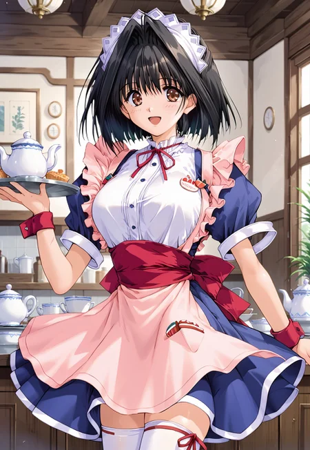 score_9, score_8_up, score_7_up, score_6_up, score_5_up, score_4_up, source_anime,(masterpiece:1.3), (high quality:1.3),(1girl:tsukasa,black hair,short hair,brown eyes,, m_clothes,maid headdress,waitress,maid,blue dress,zettai ryouiki,white thighhighs,(pink apron:1.1),pink frilled,red sash,carot brooch,open mouth,light smile,),have teapot,looking at viewer,front view
