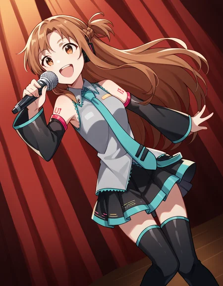 score_9, score_8_up, score_7_up, source_anime, asunayuuki, <lora:asuna-yuuki-s1-ponyxl-lora-nochekaiser:1>, asuna yuuki, long hair, brown hair, brown eyes,, <lora:hatsune-miku-cosplay-ponyxl-lora-nochekaiser:1>, hatsunemikucosplay, hatsune miku \(cosplay\), aqua necktie, black footwear, black skirt, black sleeves, boots, collared shirt, detached sleeves, grey shirt, necktie, pleated skirt, shirt, skirt, sleeveless, sleeveless shirt, thigh boots, tie clip,, stage, stage lightings, singing, microphone, holding microphone, open mouth, smile,, cowboy shot, dutch angle,