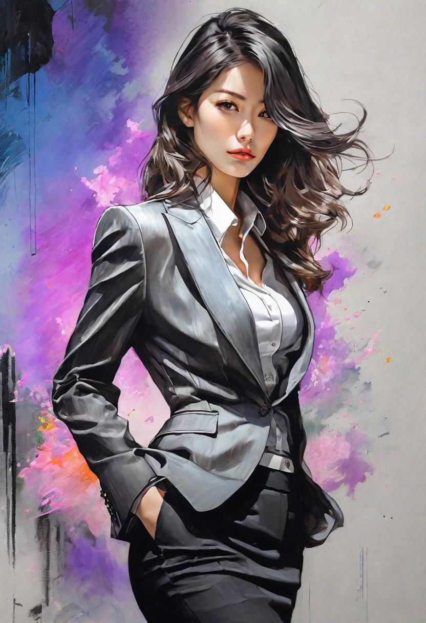 close-up, masterpiece, best quality, 8K,HDR, RGB, oil paints, watercolor, ink, sharp details, detailed shape, detailed line, manga art, Yang Jay, portrait, woman in suit, jacket, miniskirt, cleavage, posing for a painting, in motion, camera side view, dark tinted paper background, side light, photorealistic painting, art movements, The Art of Hikozo Ito, Studio Ghibli Genshin Impact