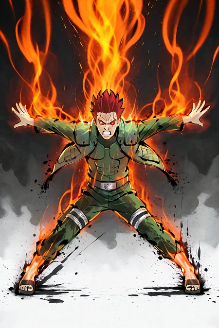 InkSplash,splatter ink,1boy,solo,male focus,red hair,sandals,teeth,might guy \(naruto\),fire,full body,aura,red eyes,spiked hair,pants,jacket,belt,outstretched arms,clenched teeth,scar,long sleeves,looking at viewer,<lora:InkSplash1llust:0.8>,InkSplash,splatter ink,
masterpiece,best quality,ultra-high resolution,exquisite ink brushwork,dynamic and fluid ink strokes,cinematic ink wash aesthetics,highly detailed brush textures,expressive and spontaneous ink flow,fine-grained paper texture integration,masterful balance of bold and delicate strokes,deep atmospheric ink diffusion,controlled ink splashes for dramatic effect,refined tonal layering for depth,intricate shading with natural ink wash,seamless blending of wet and dry brush techniques,calligraphic precision in linework,flowing fabric with ink-splattered motion,ultra-detailed character features with artistic stylization,striking and elegant poses,composition with sweeping ink dynamics,rich and immersive artistic atmosphere,ink-diffused lighting for soft yet striking contrast,expressive silhouette dynamics,harmonious balance of black,white,and gray tones,handcrafted stroke realism,fine ink gradients for emotional depth,meticulously layered ink textures,AAA-level traditional ink artistry,painterly elegance with cinematic impact.,black_background,noir_vesper,