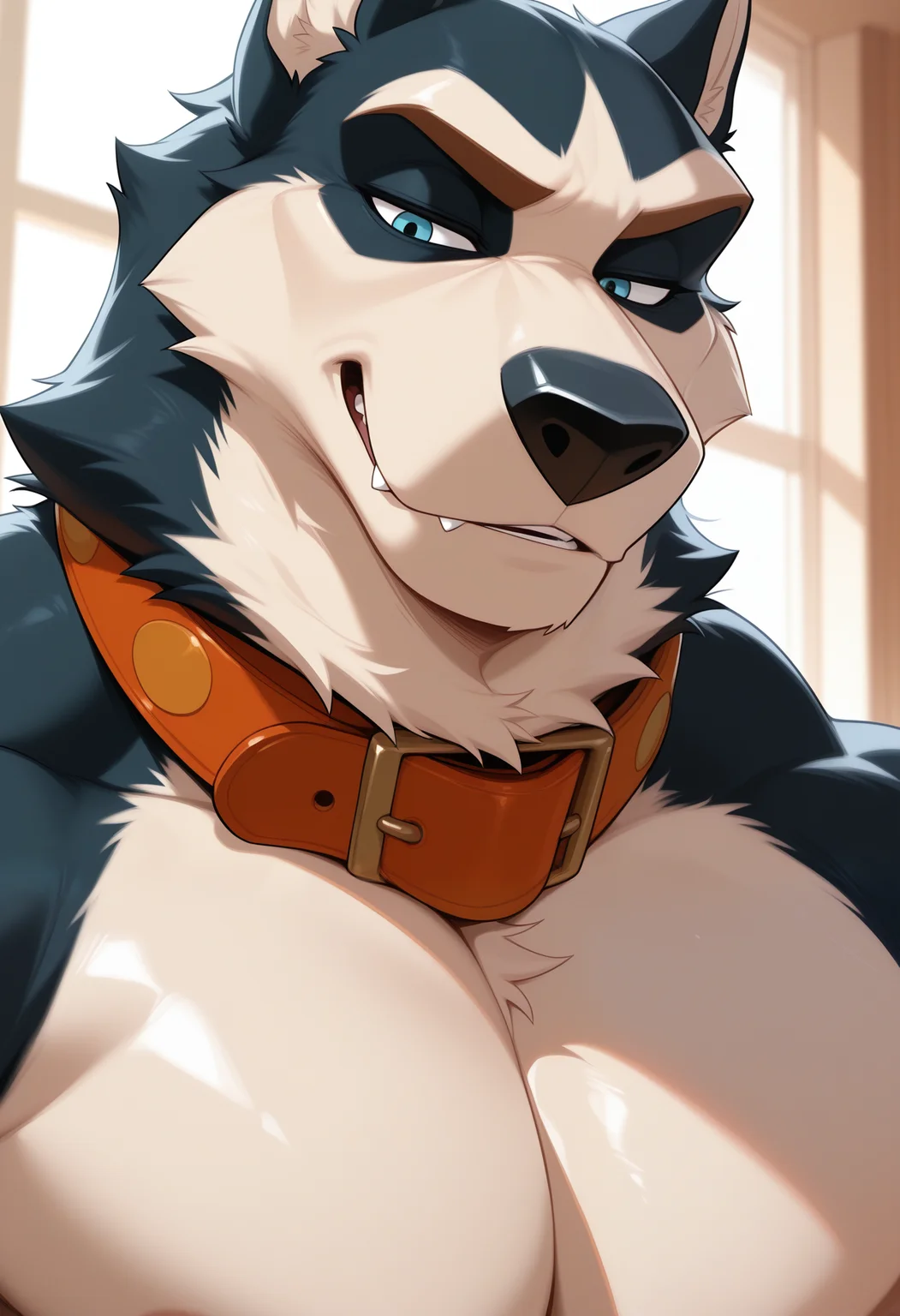 masterpiece,best quality,amazing quality, 1boy, solo, b4lt0, dog boy, furry male, muscular, red collar, close up,