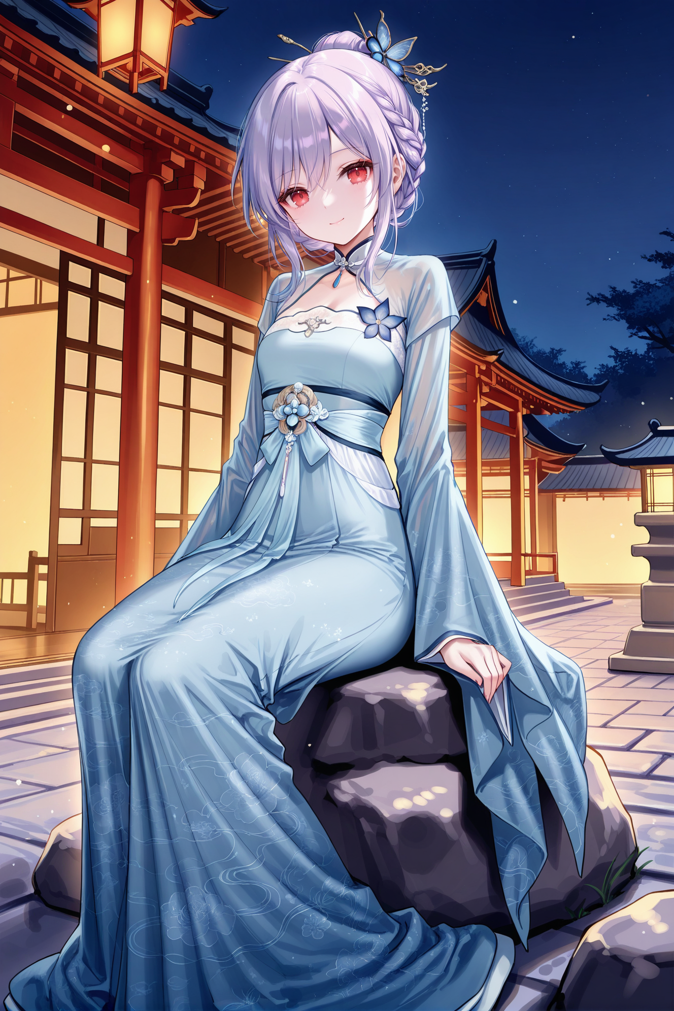 masterpiece, best quality, newest, absurdres, highres,(chen bin: 0.5),(hiten \(hitenkei\):0.4),(rimuu:0.5),(mignon:0.5),(sheya:0.6),
 asukaminato, red eyes, braid,light purple hair, short hair,smile,
  hanfu, blue dress,very long dress,  wide sleeves, hair ornament,furisode, 
outdoors, street,night,sitting on rock,arms at side butterfly hair ornament, hair stick, <lora:AsukaXLNAI:1>,<lora:chenhaihanfuXLNAI-000010:1>