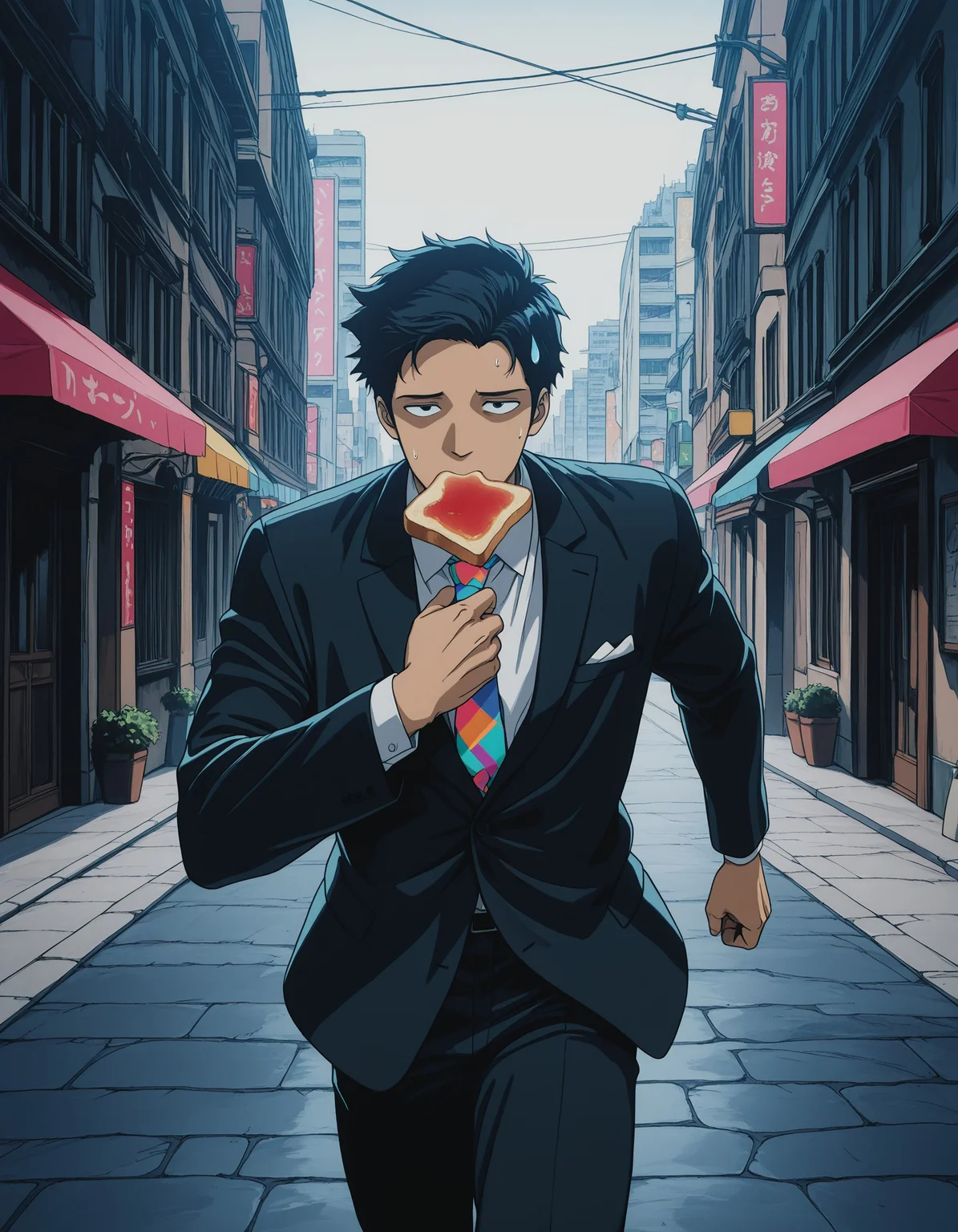 city, street, 1boy, solo, suit, running, adjusting necktie, sweatdrop, morning, toast in mouth, colorful_necktie, (speed lines:0.1),
masterpiece, best quality, incredibly absurdres, absurdres, <lora:403d8f89-cda1-4154-ab18-8591a997e125:1.0>