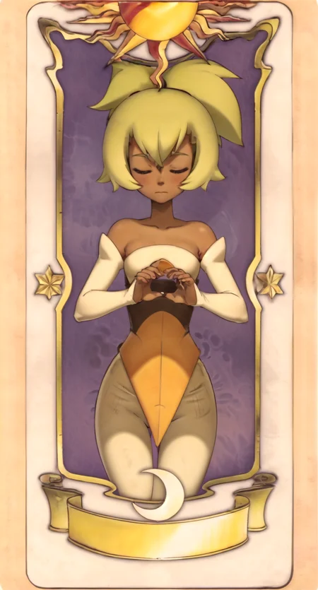 masterpiece, best quality, 1girl,amaliaold, bare shoulders, dark-skinned female, dark skin, detached sleeves, dark skin, dark-skinned female, closed eyes, card, solo, tarot, short hair  <lora:clowCardCardcaptor_v2:0.8> <lora:amaliaWakfuCharacter_v10:0.95>