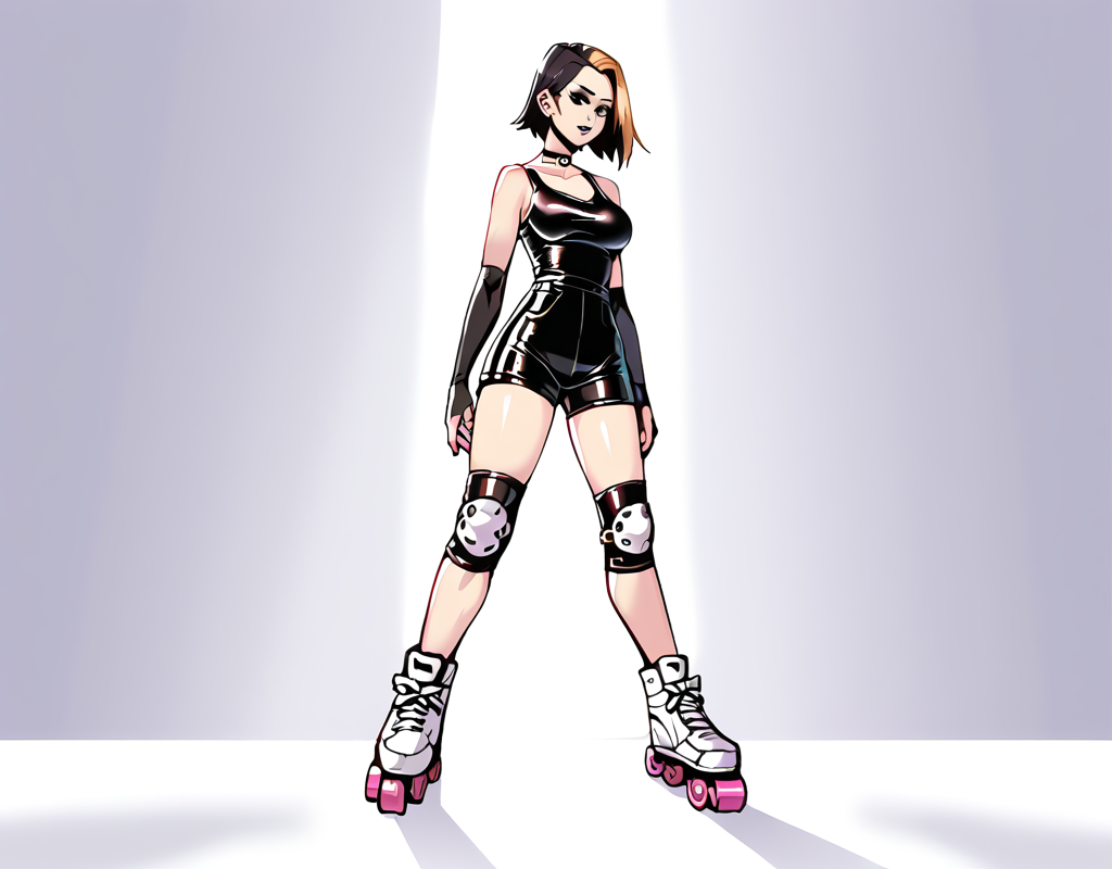 (score_9,score_8_up,score_7_up:1), 1girl, full body, low close angle, no lighting, Sadistic, (goth, black lipstick, silver jewelry, silver piercings, black mascara, black eyeshadow), <lora:Small_Saggy_Breasts_PonyXL:1> SmallSaggy, huge breasts, (milf), black hair blonde highlights,choker, eyeshadow, (pale rough skin), (Sprinting), warm bedroom, (roller blades, in line skates, goth casual, knee pads, elbow pads, fingerless gloves), <lora:Latex_Dungeon_ZXC_Style_Pony_-_Snoodler_-_V3:1> zxc_style