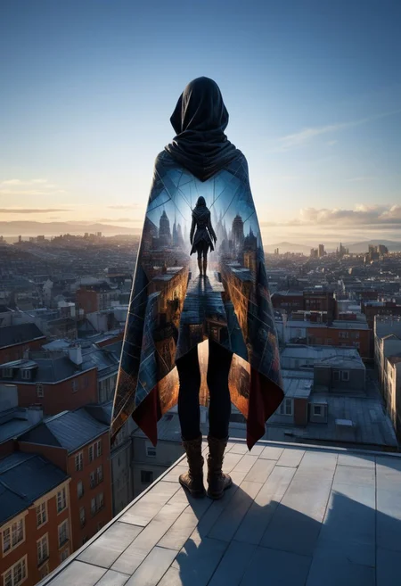mysterious silhouette of a woman assassin in a cape, balancing on rooftops, goddess, alluring, by Minjae Lee, Carne Griffiths, Emily Kell, Steve McCurry, Geoffroy Thoorens, Aaron Horkey, Jordan Grimmer, Greg Rutkowski, amazing depth, double exposure, surreal, geometric patterns, intricately detailed, bokeh, perfect balanced, deep fine borders, artistic photorealism , smooth, great masterwork by head of prompt engineering <lora:add-detail-xl:2> <lora:Double_Exposure:0.5>