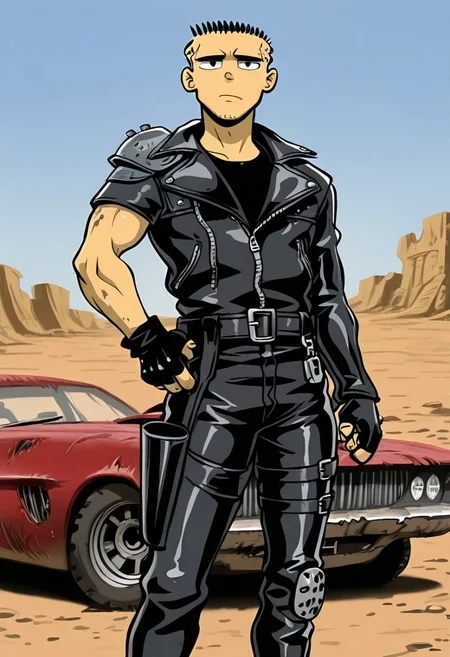 masterpiece, best quality, very aesthetic, highres, absurdres, 1boy, edboi, mnbrow, trwjkt, leather jacket, asymmetrical clothes, asymmetrical sleeves, single pauldron, zipper, zipper pull tab, Fingerless gloves, black gloves, belt, belt buckle, black shirt, leather pants, black pants, thigh holster, looking at viewer, leather jacket, post apocalyptic wasteland, muscle car,