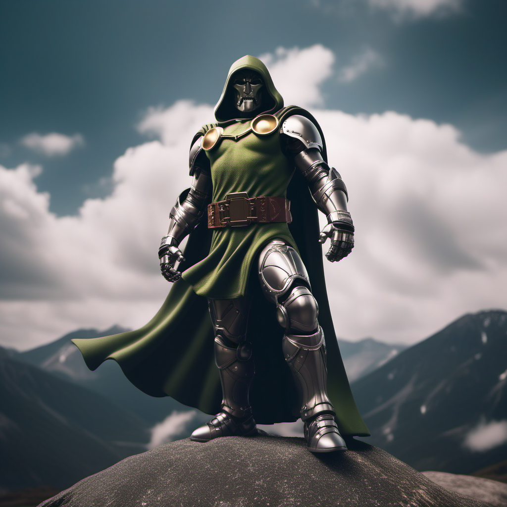 dr doom, full body,  with an helmet and a hood, powerfull, on top of the world, world domination <lora:DrDoom1024:0.8>