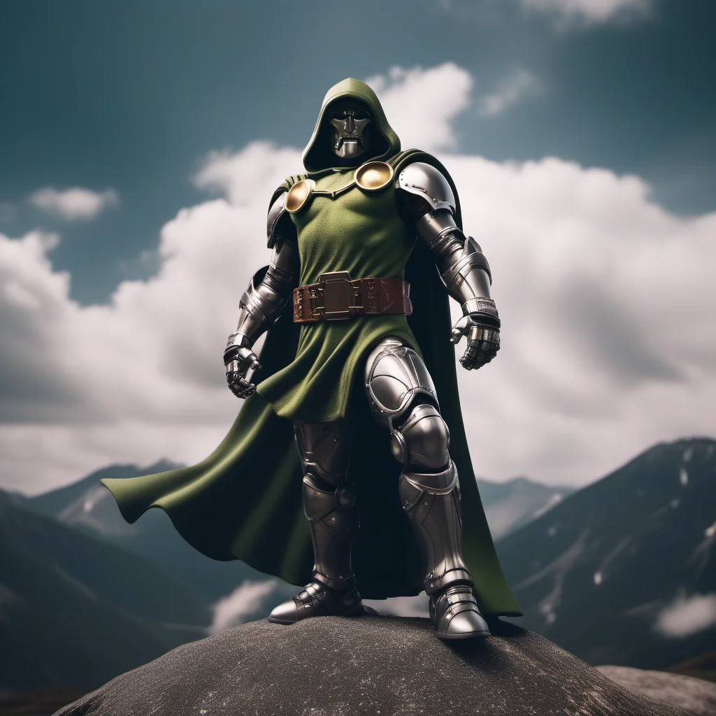 dr doom, full body, with an helmet and a hood, powerfull, on top of the world, world domination <lora:DrDoom1024:0.8>