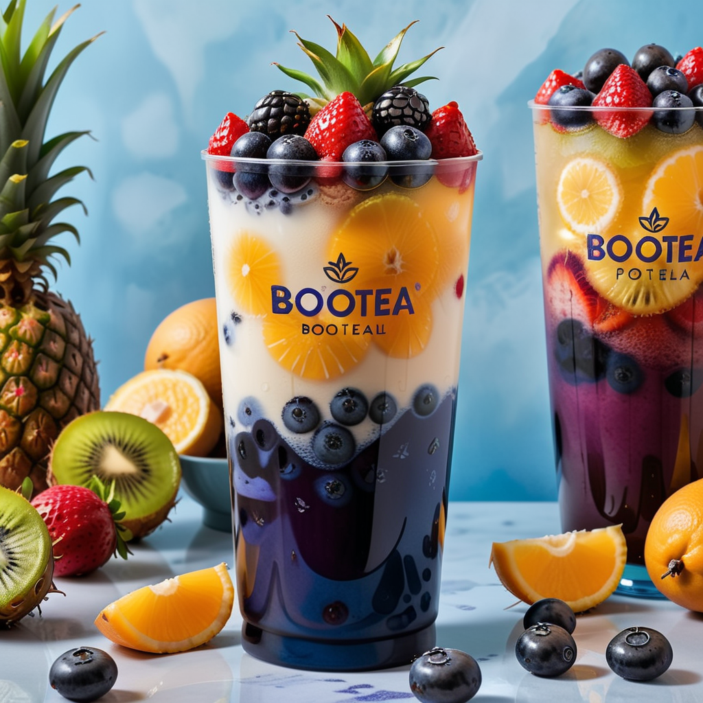 Create an image in a realistic style featuring a beverage composed of seven different colored fruit layers. Describe each layer vividly: red strawberries at the bottom, followed by orange oranges, yellow pineapples, green kiwis, blue blueberries, indigo grapes, and violet blackberries at the top. The glass should be transparent, allowing a clear view of the colorful fruit contents inside. On the glass, the text 'BOBOTEA' is elegantly inscribed, standing out against the vibrant backdrop of the drink, <lora:tteaw:0.8>,tteaw