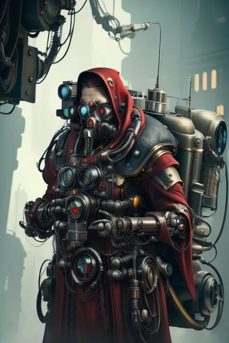 ((masterpiece,best quality)), absurdres, mechanical arms, robes, hood, (techpriest), cyborg, mechanical face, (SpyWorld50s) Adeptus Mechanicus, mechanical limbs, one mechanical eye, mechanical tentacles,((mechanical backpack)), red cloak, 1other, solo, <lora:adeptus:0.5>