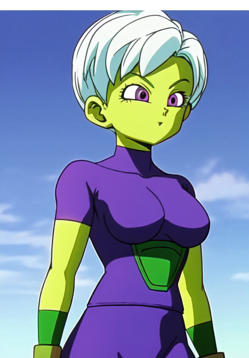 <lora:Cheelai:0.8>, Cheelai, 1girl, solo, standing, looking away, purple bodysuit, saiyan armor,