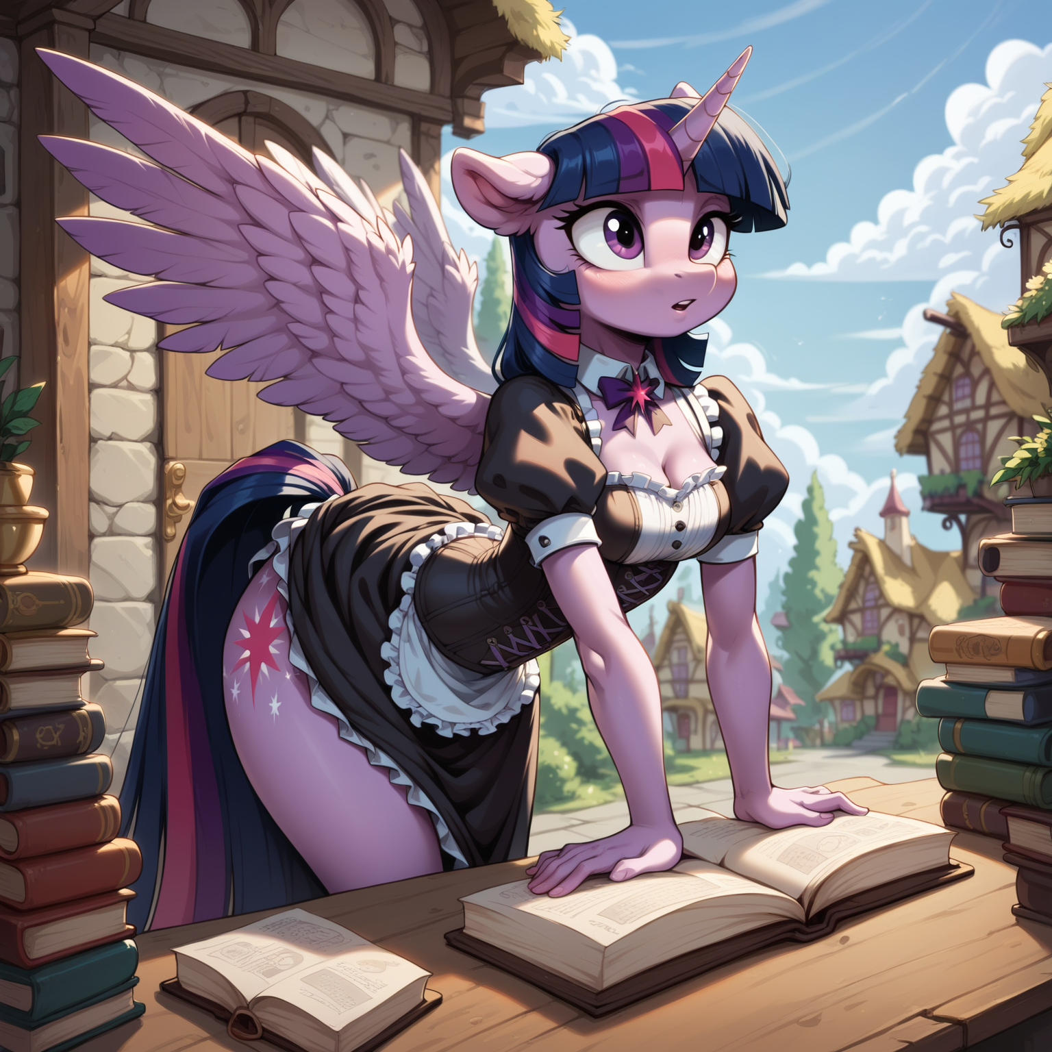 score_9, score_8_up, score_7_up, anthro pony
BREAK,
Twilight Sparkle, wide hips, Victorian corset, detailed dress, village, bending over picking up a book, big wings
BREAK,
<lora:Aer0Zer0_Artist_Style:.2>, <lora:Realistic_2.5DAnime_Merge1:1>, <lora:add-detail-xl:1>, <lora:Argento_Style_PonyXL:.2>, <lora:Furry Enhancer 6.1:1>, detailxl, <lora:Welost_Artist_Style:0.2>