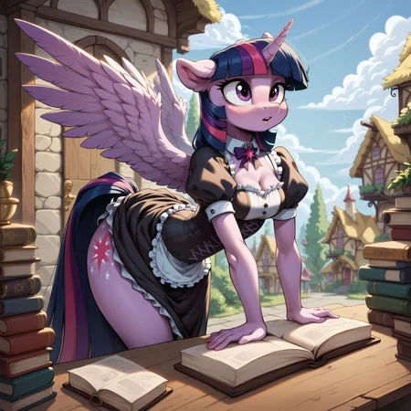 score_9, score_8_up, score_7_up, anthro pony
BREAK,
Twilight Sparkle, wide hips, Victorian corset, detailed dress, village, bending over picking up a book, big wings
BREAK,
<lora:Aer0Zer0_Artist_Style:.2>, <lora:Realistic_2.5DAnime_Merge1:1>, <lora:add-detail-xl:1>, <lora:Argento_Style_PonyXL:.2>, <lora:Furry Enhancer 6.1:1>, detailxl, <lora:Welost_Artist_Style:0.2>