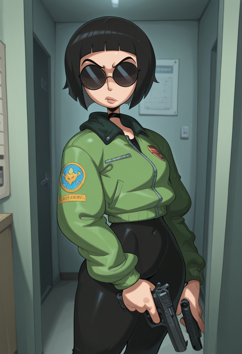 j0j0, masterpiece, best quality, solo,   mathilda from leon, green jacket, black round sunglasses, choker, (black bobcut:1.1),  holding pistol, apartment room,  facing viewer,