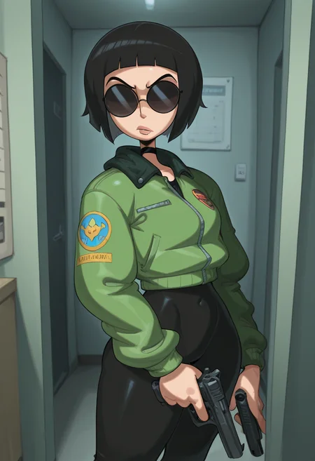j0j0, masterpiece, best quality, solo, mathilda from leon, green jacket, black round sunglasses, choker, (black bobcut:1.1), holding pistol, apartment room, facing viewer,