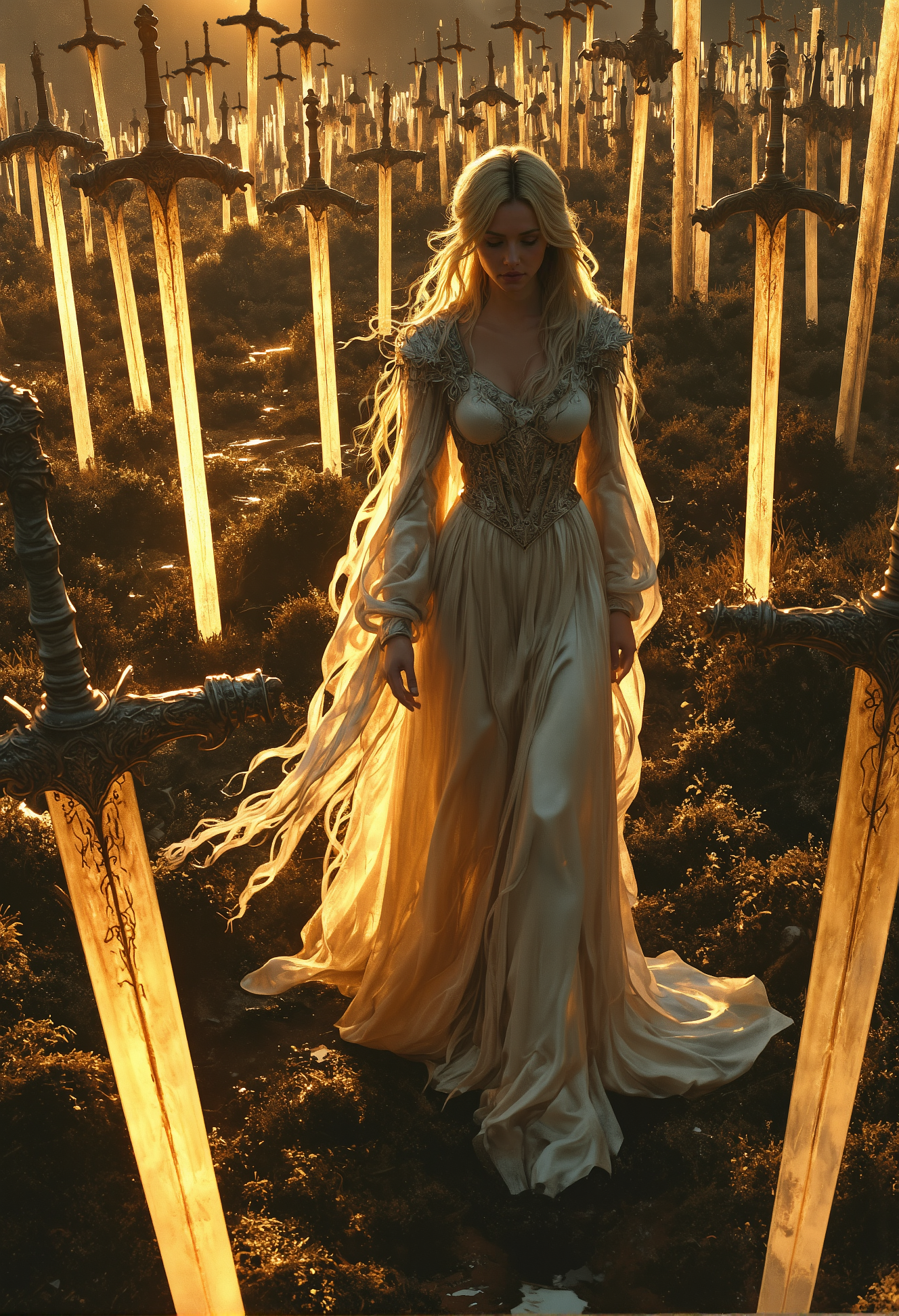 A surreal medieval scene unfolds as a woman in a flowing silk gown, its delicate fabric billowing gracefully in the morning breeze, walks across a vast sunlit field. The golden glow of the rising sun bathes the landscape in warm light, casting long, dramatic shadows from countless oversized swords embedded in the ground like towering monuments. The woman moves with an air of serenity and mystery, her presence contrasting with the grandeur and weight of the surreal scene around her. <lora:Magic_of_Art_\(FLUX\).safetensors:1.0>,  <lora:Elden_Ring_-_Yoshitaka_Amano.safetensors:1.0>,