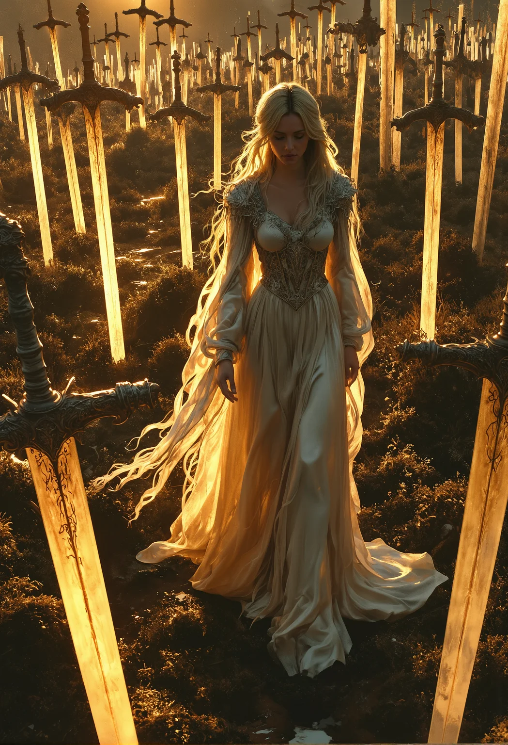 A surreal medieval scene unfolds as a woman in a flowing silk gown, its delicate fabric billowing gracefully in the morning breeze, walks across a vast sunlit field. The golden glow of the rising sun bathes the landscape in warm light, casting long, dramatic shadows from countless oversized swords embedded in the ground like towering monuments. The woman moves with an air of serenity and mystery, her presence contrasting with the grandeur and weight of the surreal scene around her. <lora:Magic_of_Art_\(FLUX\).safetensors:1.0>, <lora:Elden_Ring_-_Yoshitaka_Amano.safetensors:1.0>,