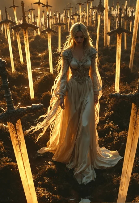 A surreal medieval scene unfolds as a woman in a flowing silk gown, its delicate fabric billowing gracefully in the morning breeze, walks across a vast sunlit field. The golden glow of the rising sun bathes the landscape in warm light, casting long, dramatic shadows from countless oversized swords embedded in the ground like towering monuments. The woman moves with an air of serenity and mystery, her presence contrasting with the grandeur and weight of the surreal scene around her. <lora:Magic_of_Art_\(FLUX\).safetensors:1.0>, <lora:Elden_Ring_-_Yoshitaka_Amano.safetensors:1.0>,