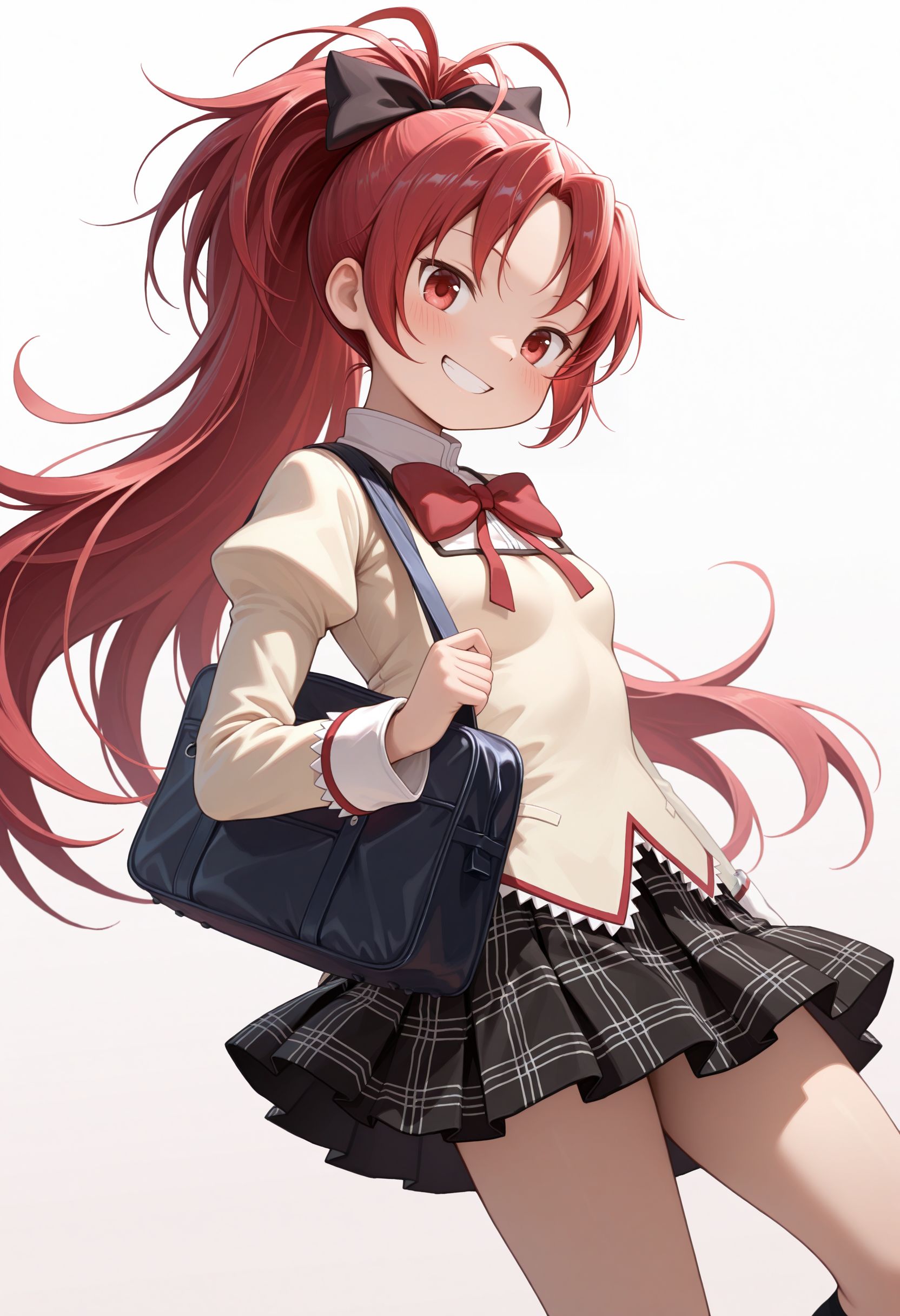 masterpiece, best quality, amazing quality, very awa, looking at viewer,  
 <lora:Sakura Kyoto illu:1> 1girl, solo, long hair, looking at viewer, blush, smile, simple background, white background, red eyes, ponytail, hair bow, red hair, pleated skirt, grin, kneehighs, plaid skirt, black socks, school bag, mitakihara school uniform