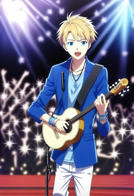 high resolution, professional photography, solo, best quality, 1Boy, Yamato Ishida, Blond Hair, Deep Blue Eyes, Necklace, idol, singing, potrait, dept of field, virtual concert, musical instrument, playing musical instrument, necklace, bracelet, sneakers, OverallDetail