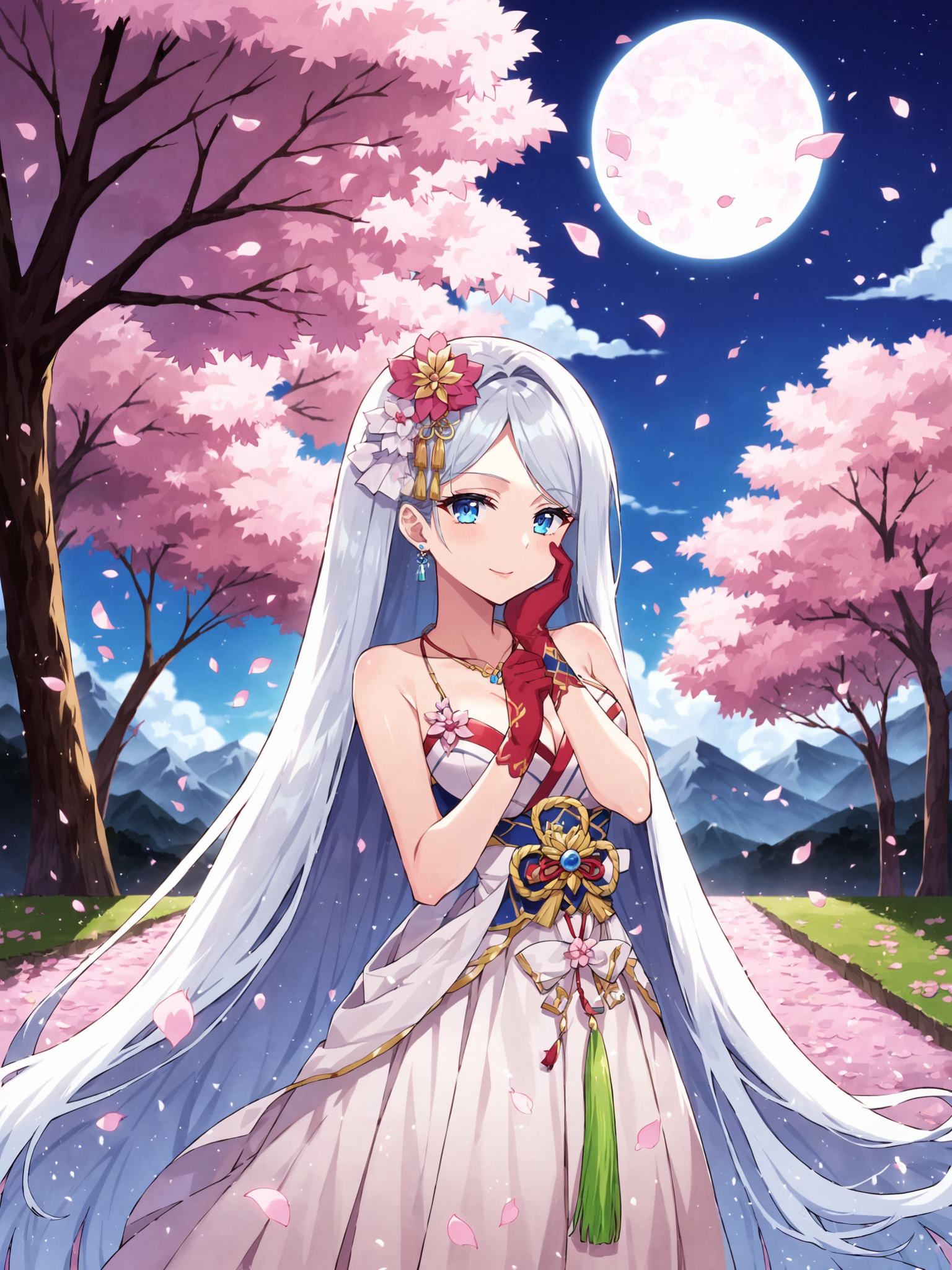 score_9, score_8_up, score_7_up, BREAK  tezuka osamu \(style\), hand on own cheek,  hair flowing over, mountainous horizon, horizon, 
1girl, long hair, silver hair, blue eyes, fantasy, cherry blossom, night, detailed background, intricate details, highly detailed, ultra detailed, hyper detailed, complex background, cherry blossom petals, random falling petals, glowing, soft lighting, highres, masterpiece, best quality, anime screencap, elegant outfit, confident expression, standing, serene atmosphere, floral accents, ethereal, natural vegetation