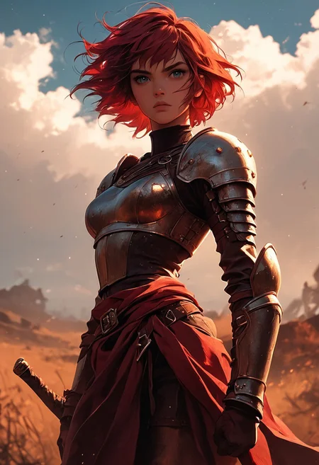 masterpiece, best quality, highly detailed, ultra-realistic, score_9, score_8_up, score_7_up, score_6_up,
BREAK
1woman, athletic waist, medium breasts, tanned skin, no makeup, short red hair, messy strands, wearing a leather armor that partially covers her body, standing on a battlefield, looking at viewer with a determined expression, battlefield setting, swords and shields in the background, cloudy sky, view from front, soft focus, depth of field.
BREAK
dynamic light, cold_light, vibrant colors cool_colors, soft focus, high contrast, textured surfaces, depth of field, dramatic shadows, rich details, battlefield-inspired color palette, cinematic composition.