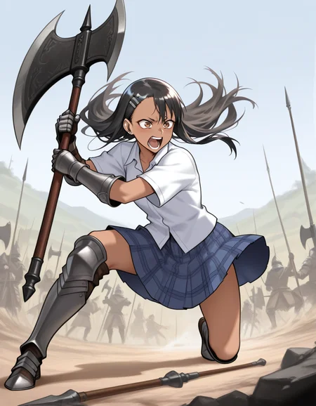 <lora:OmniReal:0.25>, 0mn1r3al, <lora:Our_Muted_Future_Illu_Edition:0.25>, omfv2, <lora:zigouILL:0.25>, zigou, <lora:Sketch Illustration [LoRA] - Illustrious-XL v0.1:0.25>, sketch, 
masterpiece, best quality, ultra-detailed, absurdres, newest, detailed textures, correct anatomy, 
nagatoro hayase \(ijiranaide nagatoro-san\), black hair, long hair, brown eyes, hairclip, school uniform, blue skirt, plaid skirt, collared shirt, white shirt, short sleeves, solo, outdoors, battlefield, medieval, dark fantasy, 
(poleyn, sabaton, greaves, gauntlets, pauldrons, battle fury, mid-air, jumping, above ground, dynamic pose, incoming attack, holding weapon, holding oversized battle axe, two-handed axe, screaming, battle cry, from below)