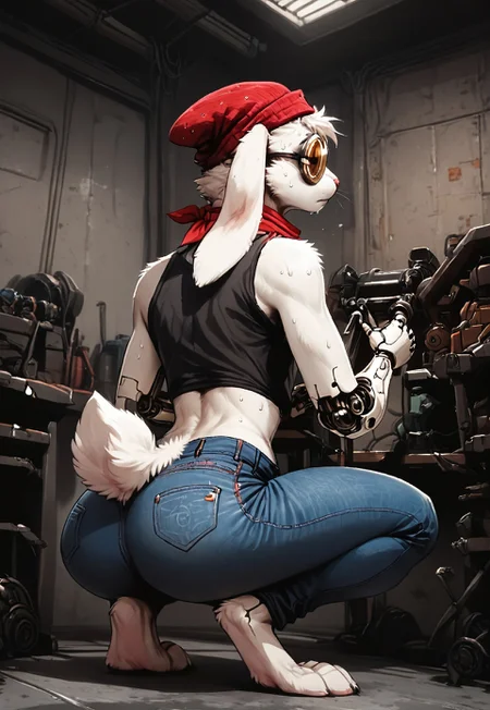 score_9, score_8_up, detailed background, solo,
1boy, femboy, Rem-E, Furry bunny boy, white fur, crop top, jeans, cybernetic arms, beanie, bandana, sweat, looking away, from behind, wearing round goggles,
indoors, workshop, workbench, holding tools, working on a generator, squatting
asthtc