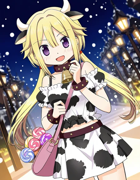 masterpiece, best quality, newest, absurdres, highres, safe, 1girl, mitsuki felicia \(halloween costume\), magia record: mahou shoujo madoka magica gaiden, pink shoulder bag, solo, open mouth, snowing, outdoors, dutch angle, <lora:mitsuki_felicia_noobaiXLNAIXL_vPred10Version:0.7>