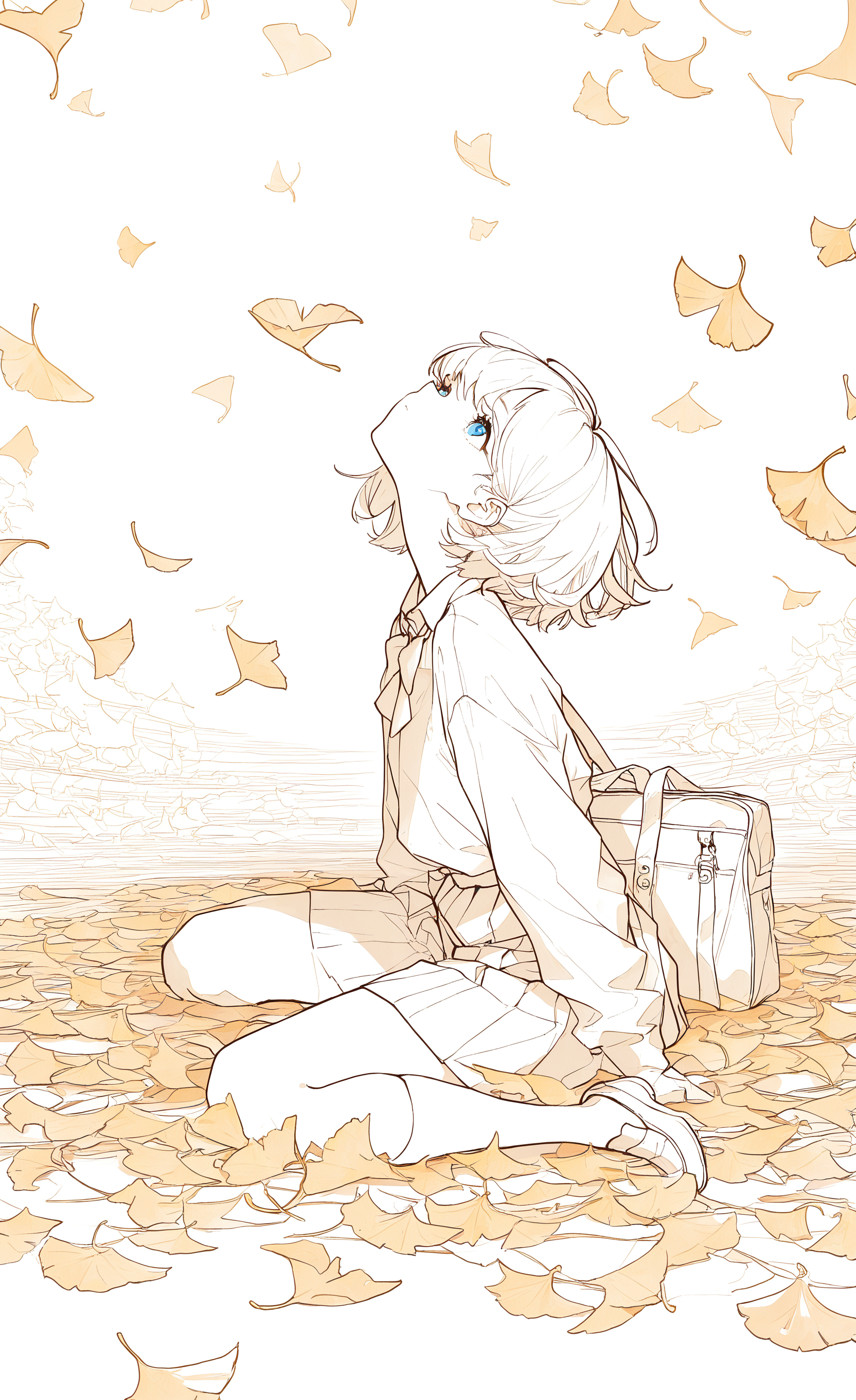 masterpiece, best quality, good quality, very awa, very aesthetic, absurdres, newest, 1girl, bag, closed mouth, from side, full body, long sleeves, blue eyes, school bag, school uniform, shoes, short hair, sitting, skirt, solo, look up, lineart,
Golden Ginkgo Leaves, multiple monochrome, <lora:ponyv6_noobV1_2_adamW-000017:0.8> <lora:USNR_STYLE_XL_lokr:0.45> <lora:wl-illV1-000017:0.7>
