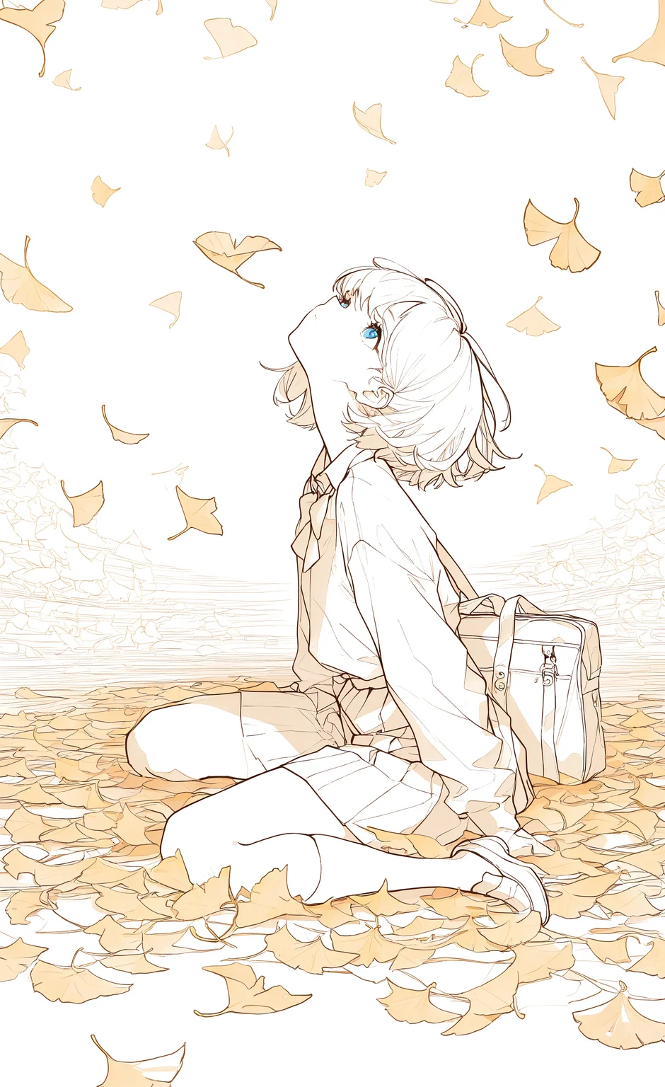 masterpiece, best quality, good quality, very awa, very aesthetic, absurdres, newest, 1girl, bag, closed mouth, from side, full body, long sleeves, blue eyes, school bag, school uniform, shoes, short hair, sitting, skirt, solo, look up, lineart,
Golden Ginkgo Leaves, multiple monochrome, <lora:ponyv6_noobV1_2_adamW-000017:0.8> <lora:USNR_STYLE_XL_lokr:0.45> <lora:wl-illV1-000017:0.7>