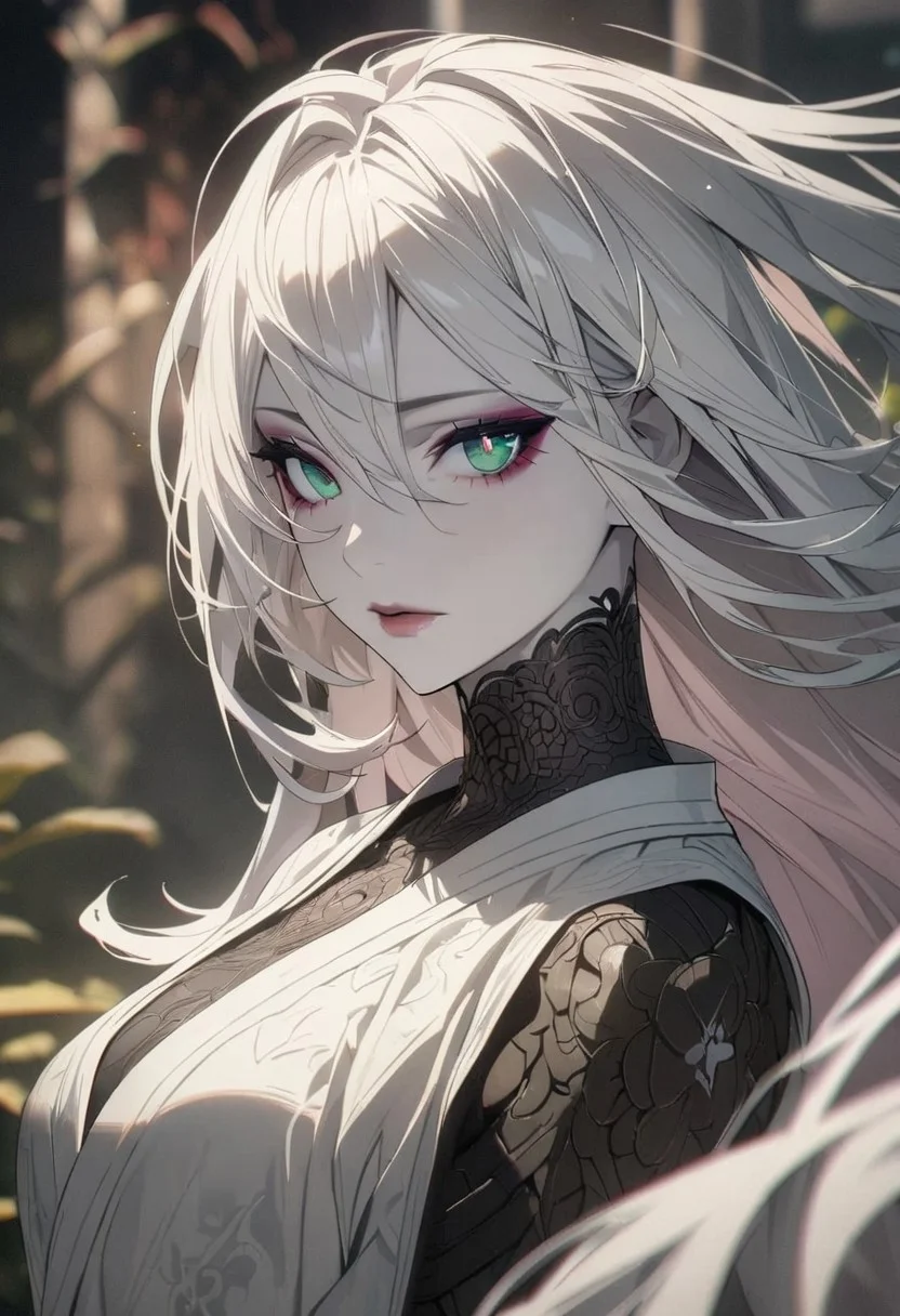 1woman, solo,  long hair, pink hair, black choker, green eyes, eyeliner, gorgeous lips, cinematic, (masterpiece), (best quality), (ultra-detailed), very aesthetic, illustration, perfect composition, intricate details, absurdres, detailed face, (anime, masterpiece, intricate:1.3), (best quality, hires textures, high detail:1.2), (4k),(incredibly detailed:1.4) 
detailed skin, eyeshadow, no bra,  pale skin, white kimono, beautiful eyes, detailed eyes, sparkling eye, full body