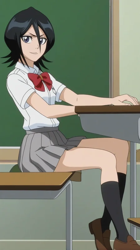 source_anime, score_9, score_8_up, score_7_up, anime screencap, high quality, 8k, absurdres, official style, classroom, <lora:Rukia_Kuchiki_mine:0.8>, rukia kuchiki, black hair, short hair, purple eyes, hair between eyes, school outfit, skirt, school uniform, socks, black socks, brown shoes, brown footwear, bow, red bow, white shirt, sitting, on desk, smile, looking at viewer,