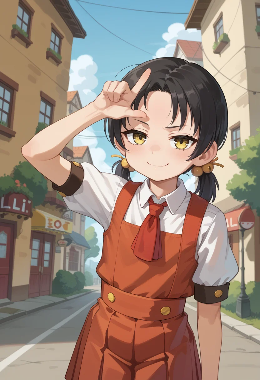 zPDXL2,solo, source_anime,
1girl,kaaiyuki-default, kaai yuki,yellow eyes, black hair,short low twintails, pinafore dress,pleated skirt,red skirt
smug, smirk
outdoors, blue sky
<lora:kaai yuki_kyoufuu all back_PONY_last:1>
<lora:LoserGesturePonyXL:0.7> , loser gesture, hand on forehead, raised index finger