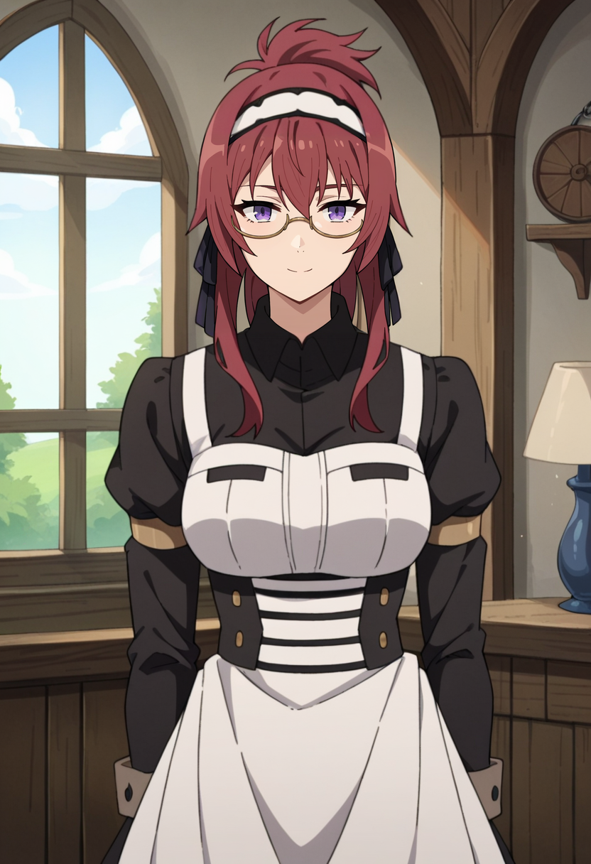 score_4, score_5, score_6, score_9, score_8_up, score_7_up, source_anime,
<lora:MushokuTensei_LiliaGreyratXL:0.8>, LiliaGreyrat,
1girl, closed mouth, light smile,
red hair, folded ponytail, purple eyes, semi-rimless eyewear, hair ribbon, hairband,
maid, dress, juliet sleeves,
looking at viewer,
indoors, medieval, fantasy, window, house