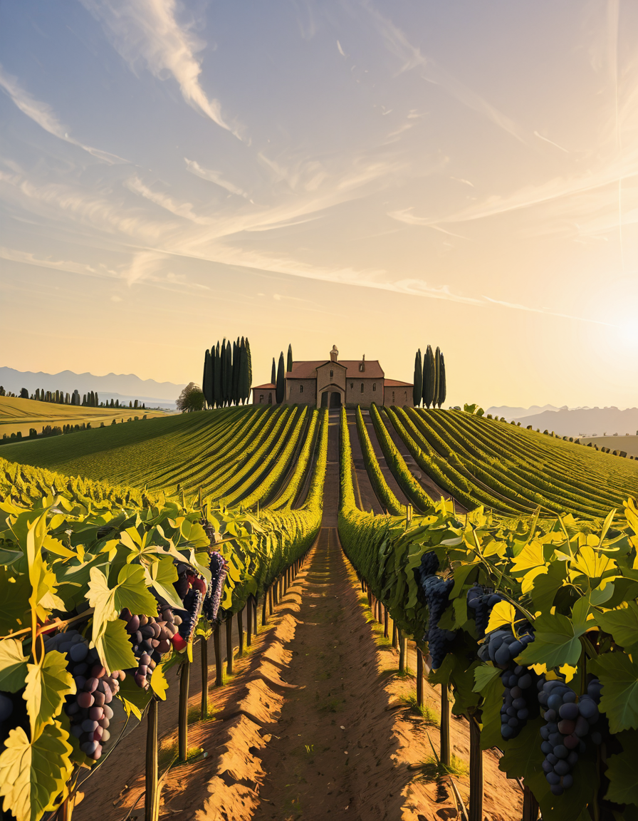 A breathtaking vineyard stretching across rolling hills, bathed in the warm golden light of late afternoon. The neatly aligned rows of grapevines are lush and vibrant, their deep green leaves contrasting with the rich, fertile soil beneath them. The vines are heavy with ripe, plump grapes in shades of deep purple and rich green, glistening under the sunlight. In the background, a rustic stone farmhouse with a terracotta roof sits atop a small hill, surrounded by tall cypress trees. A narrow dirt path winds through the vineyard, leading towards the farmhouse. The sky is a soft blue with wispy clouds scattered across the horizon. In the distance, a range of low mountains adds depth to the landscape. The atmosphere is peaceful and idyllic, evoking the charm of a traditional wine-growing region like Tuscany or Bordeaux. 
<lora:SDXLFaeTastic2400:0.4> <lora:extremely_detailed:0.4> extremely detailed
,v1n3y4rd <lora:v1n3y4rd-i:1>, Masterpiece,best quality,hi res,8k,hi res,8k,award winning,(sharp focus, intricate, highly detailed),
