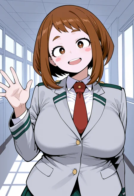 very aesthetic, masterpiece, best quality, newest, absurdres, highres, 
xipa, 1girl, solo, (uraraka ochako, brown hair, short hair, blush stickers, (plump), medium breasts), [boku no hero academia], sagging breasts,
u.a. school uniform, school uniform, white shirt, grey jacket, red necktie, green skirt,
upper body, looking at viewer, smile, open mouth, waving, head tilt,
(indoors, hallway, school), Rating:General,
 <lora:Xipa:1>