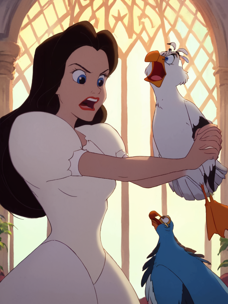 score_9, score_8_up, score_8, score_7_up, volumetric lighting, ursula human, 1girl, long hair, open mouth, blue eyes, black hair, white dress, makeup, bird, parody, lipstick, red lips, holding animal, <lora:littlem_pony_v1:0.9>