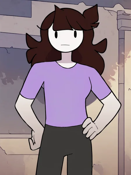 <lora:JaidenPony1.0:1> jaiden, 1girl, purple shirt, long hair, solo, brown hair, flat color, short sleeves, white skin, grey pants, black eyes,looking at viewer, hand on own hip, outside,, score_9, score_8_up, score_7_up, score_6_up